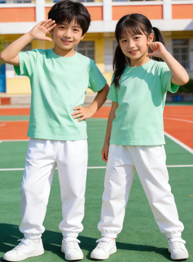 绿色短袖男童夏季套装女童舞蹈服 小学生幼儿园彩色t恤儿童演出服