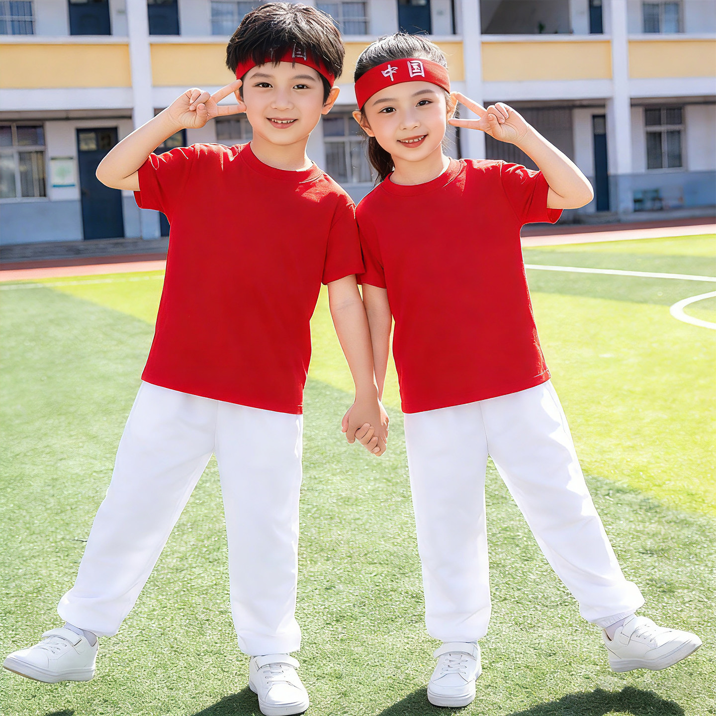 国庆儿童演出服 红色上衣白色裤子套装女童男童小学生运动会班服