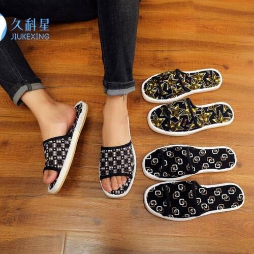 春夏季居家手工(鱼嘴牛筋底)布拖鞋露趾拖男女木地板纯棉凉拖鞋B