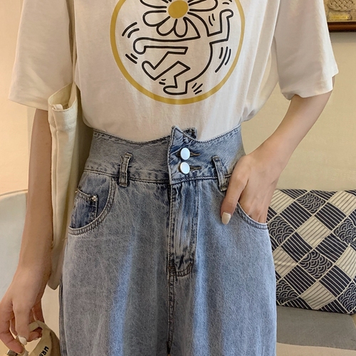 Real-price Korean version of high-waist broad-legged jeans, loose, thin and hollow straight pants, nine-minute pants for women