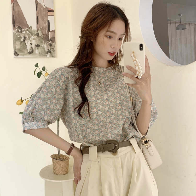 Korean chic floral short sleeve bubble sleeve shirt