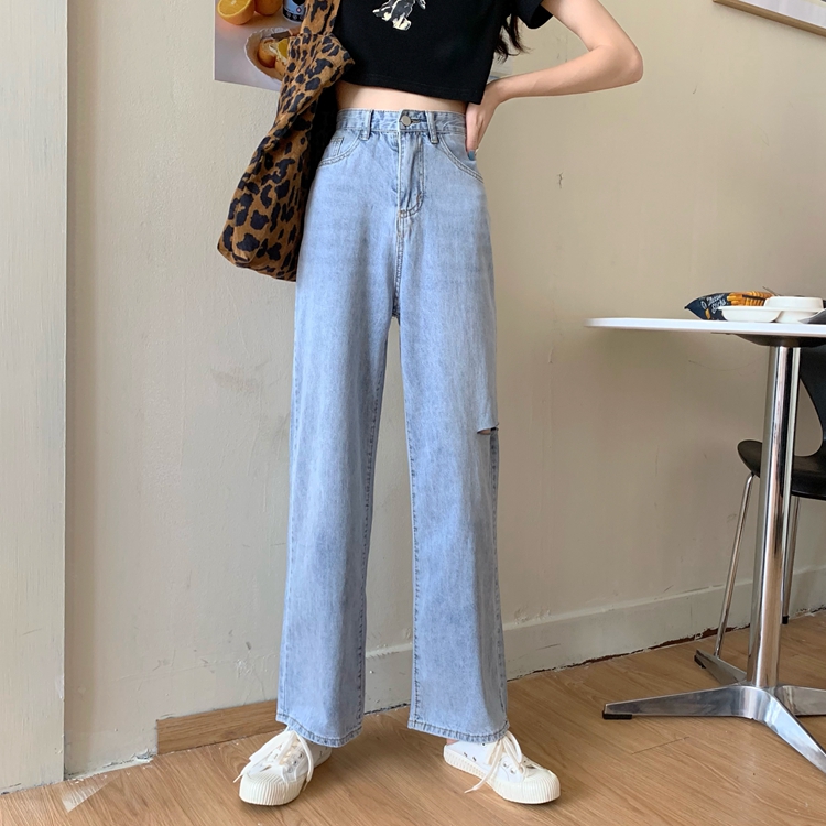 Real price real shot Korean version new loose and versatile high waist straight pants wide leg pants light color pierced jeans female