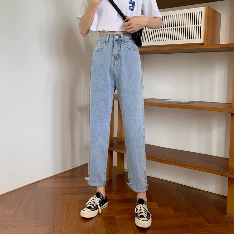Real price real shot Korean version new high waist SLIM STRAIGHT pants loose and versatile small nine point jeans female