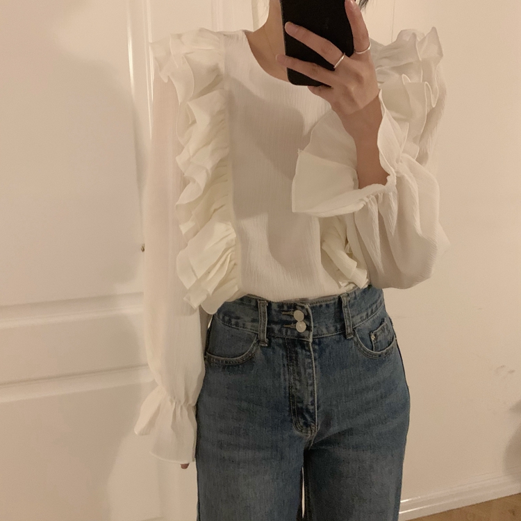 Korean chic design double layer Ruffle round neck petal Sleeve Shirt Top