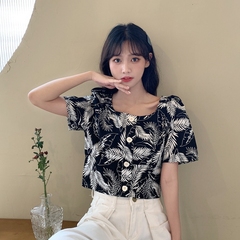 Real price real shot Korean retro printing bubble short sleeve square neck short shirt top