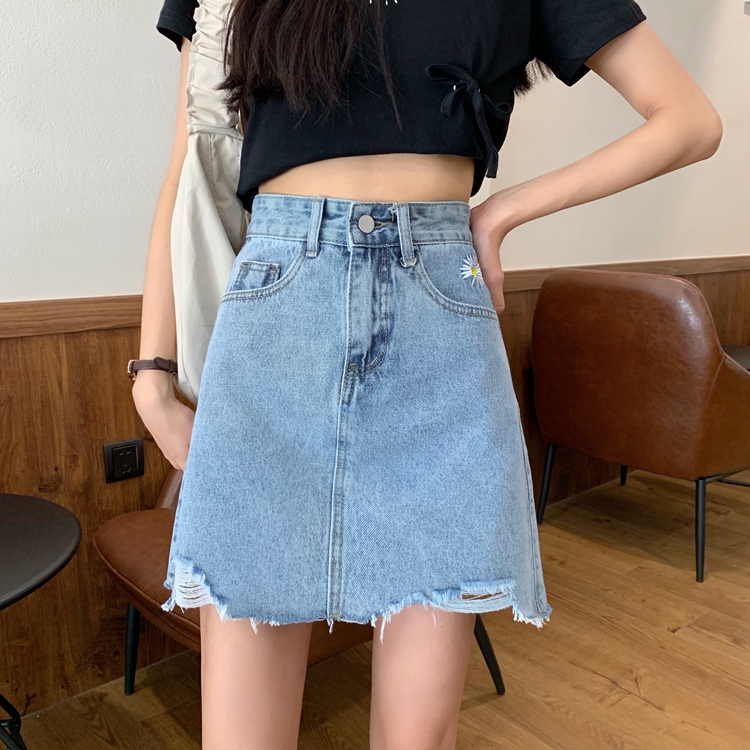 A-line skirt with high waist and thin hips, irregular embroidery skirt, denim skirt