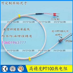 PT100热电阻探头 氟塑料镀银屏蔽线三线制温度传感器 22mm