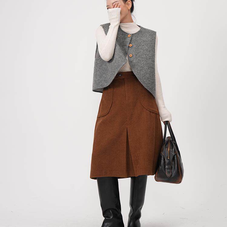 复古灯芯绒前开叉半裙