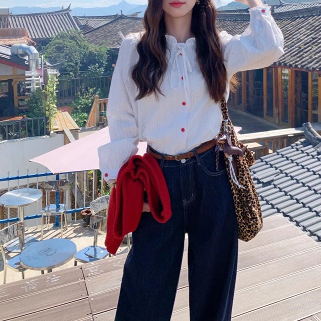 Berry 喜你而欢 白色法式花边领衬衫女秋宽松泡泡袖上衣