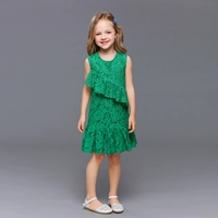 Quần áo trẻ em châu Âu và Hoa Kỳ dành cho phụ huynh và trẻ em mặc váy mùa hè cho mẹ màu rắn ren mới Một chiếc váy ngắn tay bé gái