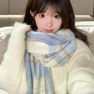 韩系氛围感格子围巾女初中生秋冬季2025新款百搭可爱保暖感围脖