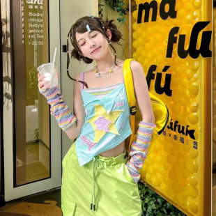 多巴胺夏日穿搭宋雨琦同款薄荷星星背心假两件彩色吊带背心外穿夏