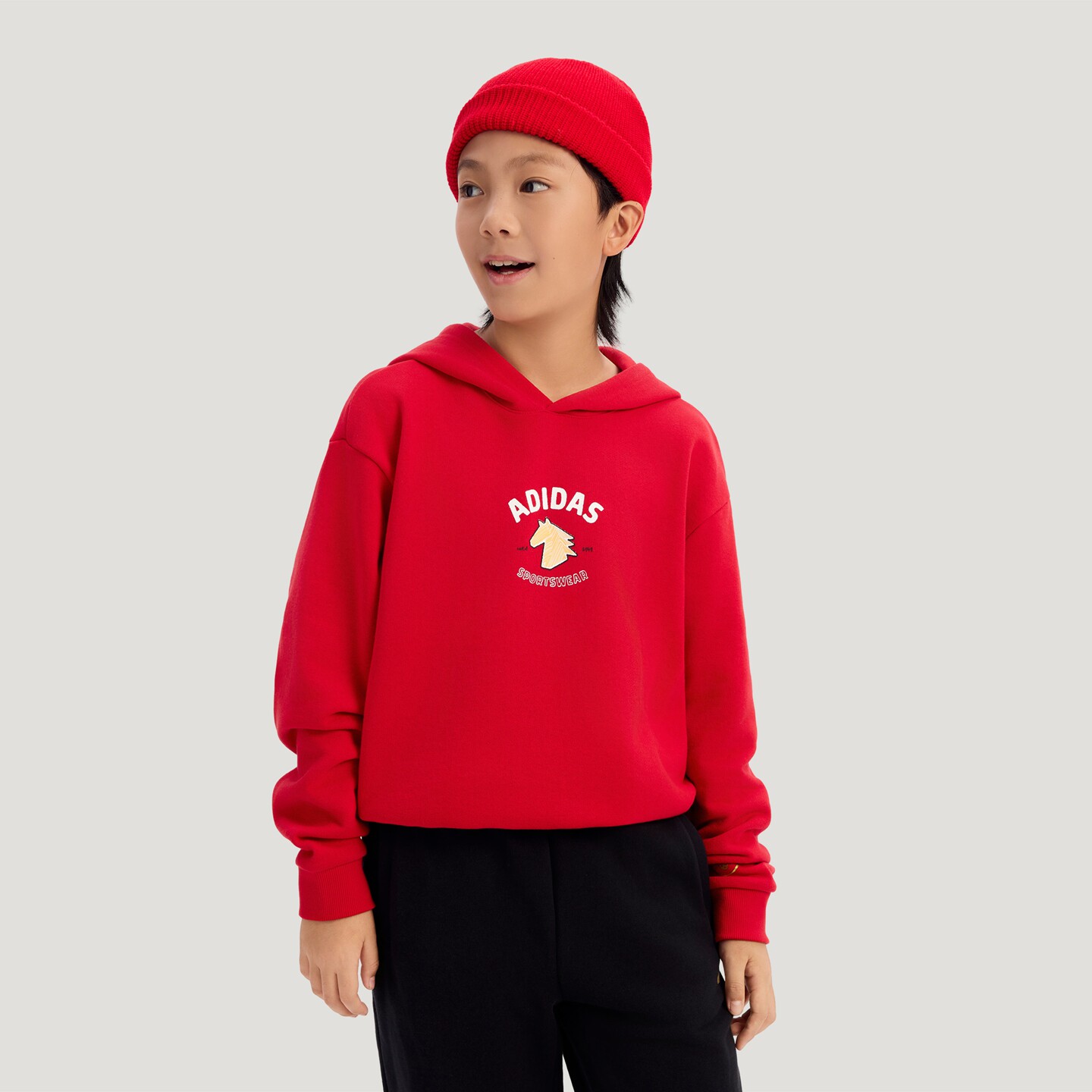 阿迪达斯轻运动男童新年款慵懒风针织运动休闲宽松长袖套装