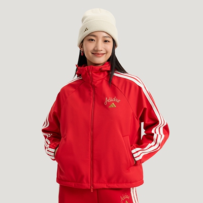 阿迪达斯女子新年款拒水加绒休闲连帽软壳夹克外套KU8972|KU8973