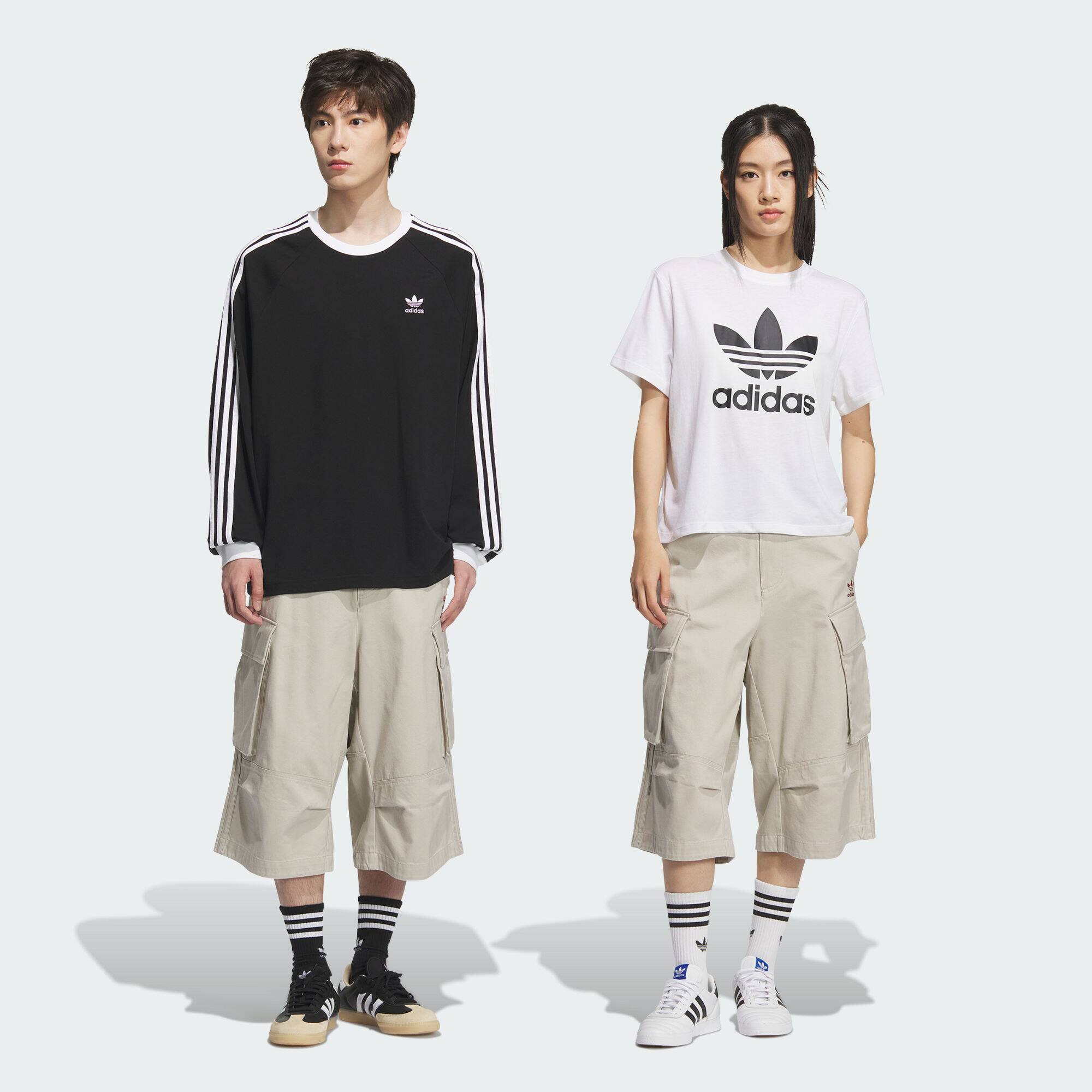 阿迪达斯三叶草男女情侣款休闲工装运动七分裤KC0297