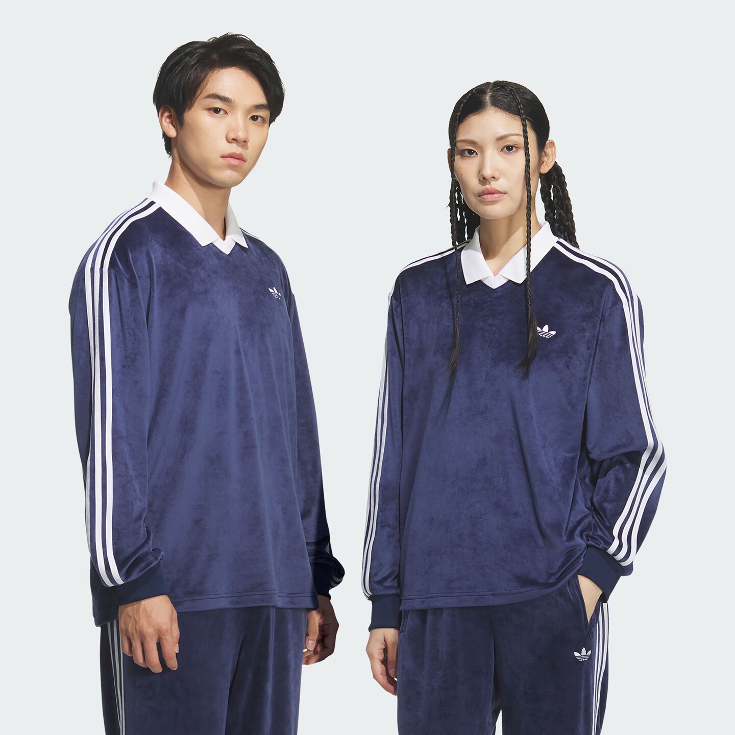 阿迪达斯男女情侣款天鹅绒柔软针织运动长袖POLO衫KQ5486|KQ5487