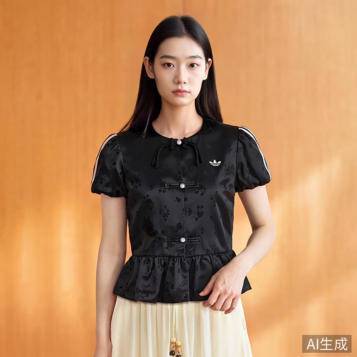 阿迪达斯女新中式泡泡袖提花休闲外套气质短袖上衣LD6443|LD6444