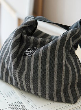sobag日系条纹秋冬慵懒单肩棉麻帆布包包女通勤拉链大容量托特包