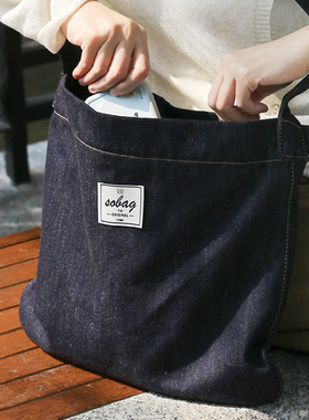 sobag不褪色牛仔布日系慵懒蓝色单肩布包女小众设计感复古奶奶包