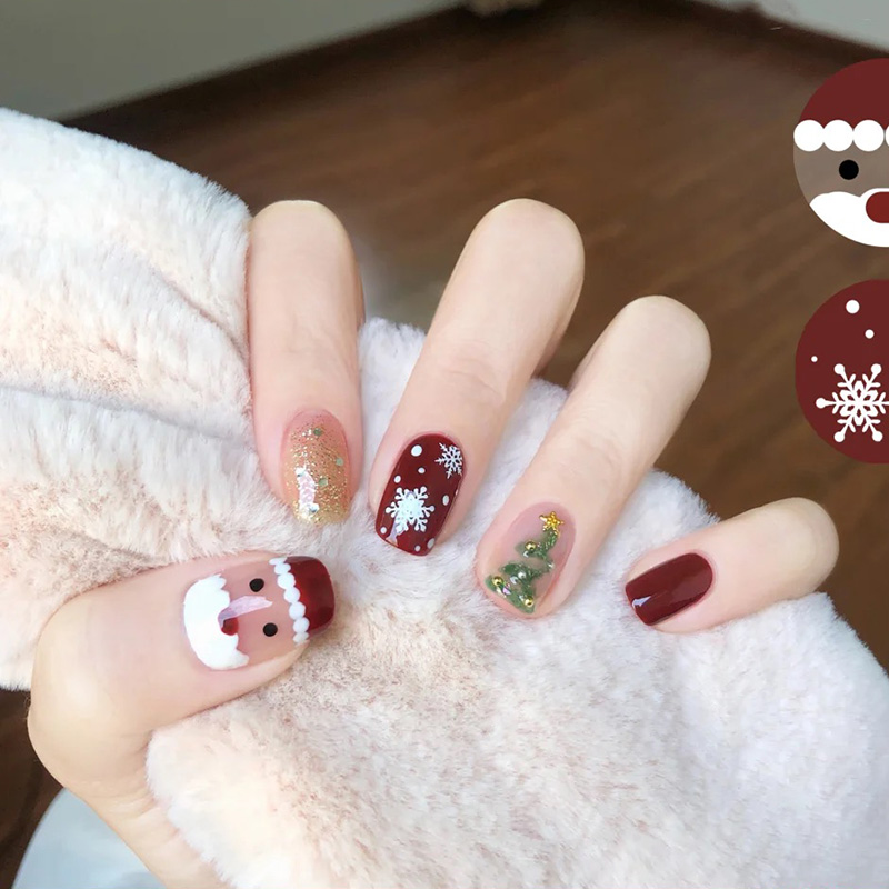 圣诞美甲 手工定制成品美甲贴片 手绘松树圣诞穿戴甲红色指甲贴片