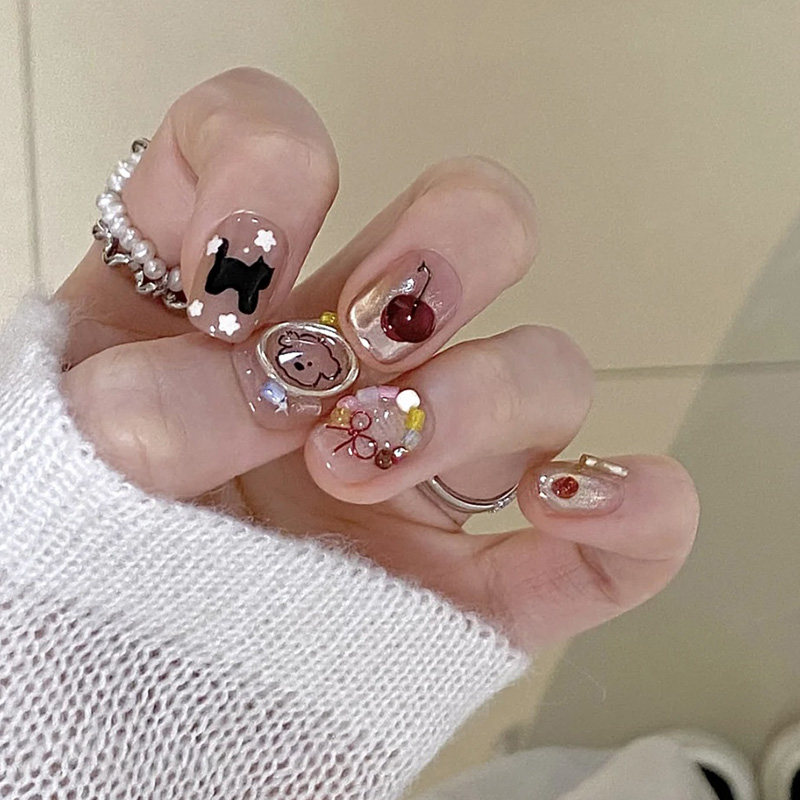 手工成品美甲贴片短款可爱樱桃手绘穿戴甲少女心指甲贴片可卸甲贴