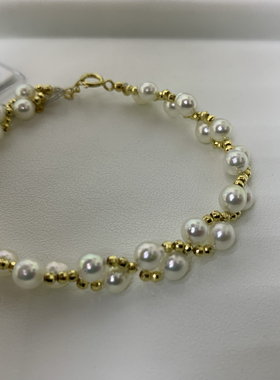 日本akoya珍珠手链18k金手工编织手链4.5-5mm珍珠女生礼物