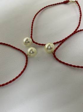 幸运小红绳手链天然akoya珍珠强光款18k金7-7.5mm
