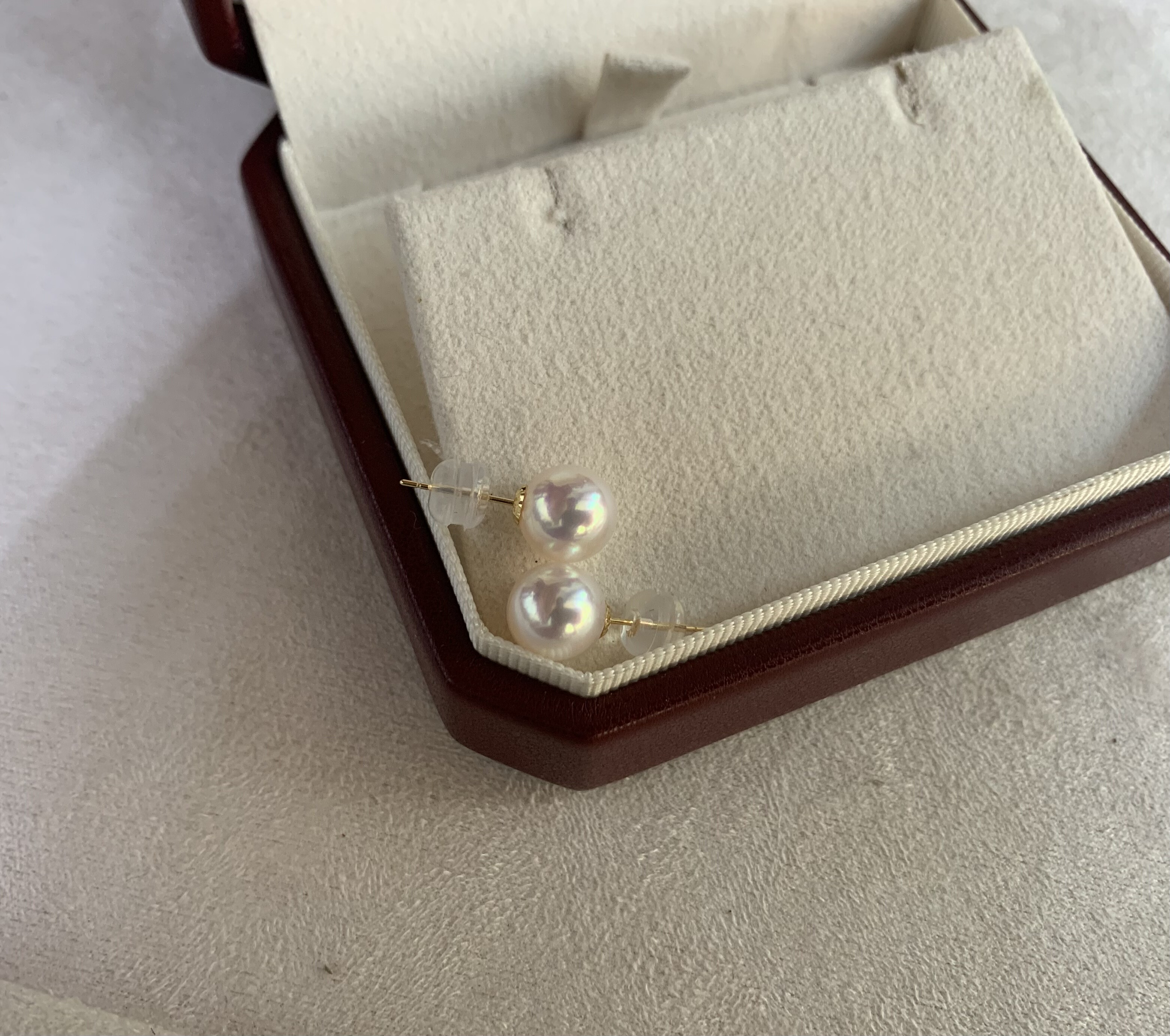 GRC akoya天女珠耳钉花珠耳钉7.5-8mm珍珠18k金一对一大证无瑕