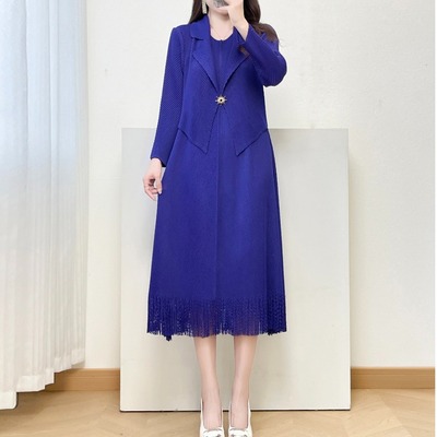 褶皱春秋季新款龙鳞假两件流苏连衣裙收腰显瘦魔术连衣裙女