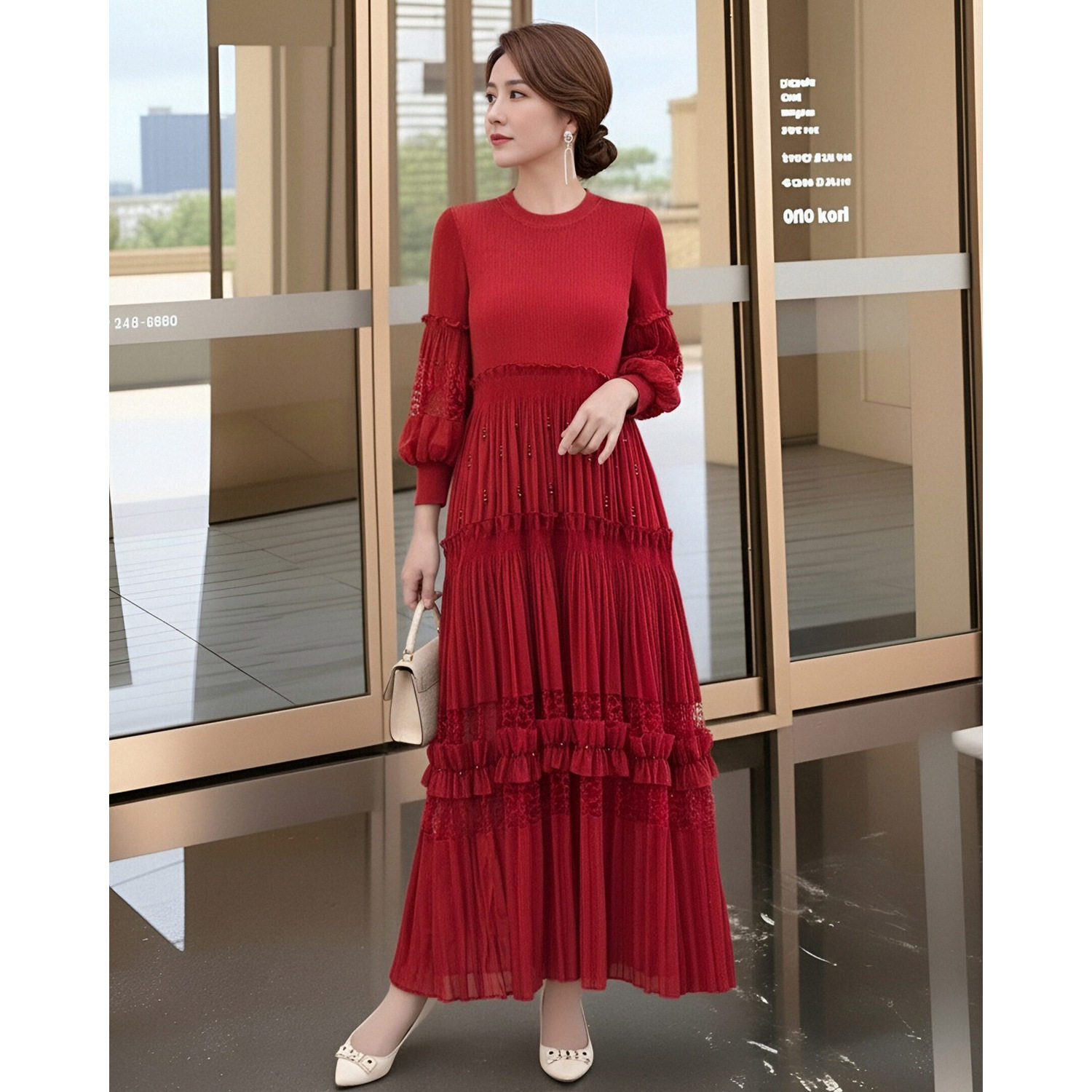 高端红色连衣裙女装新款春季轻奢灯笼袖拼接蕾丝钉珠大摆长裙