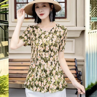 2025夏季新款三宅风褶皱上衣女印花短袖t恤显瘦印花仿真丝雪纺衫