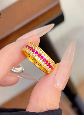 韦雪同款古法沙金999点钻闪动蔷薇戒指红舞裙刚玉排钻指环送女友