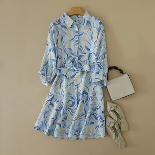 纯亚麻翻领印花七分袖 女装 休闲连衣裙 出口德国初秋大码 外贸原单