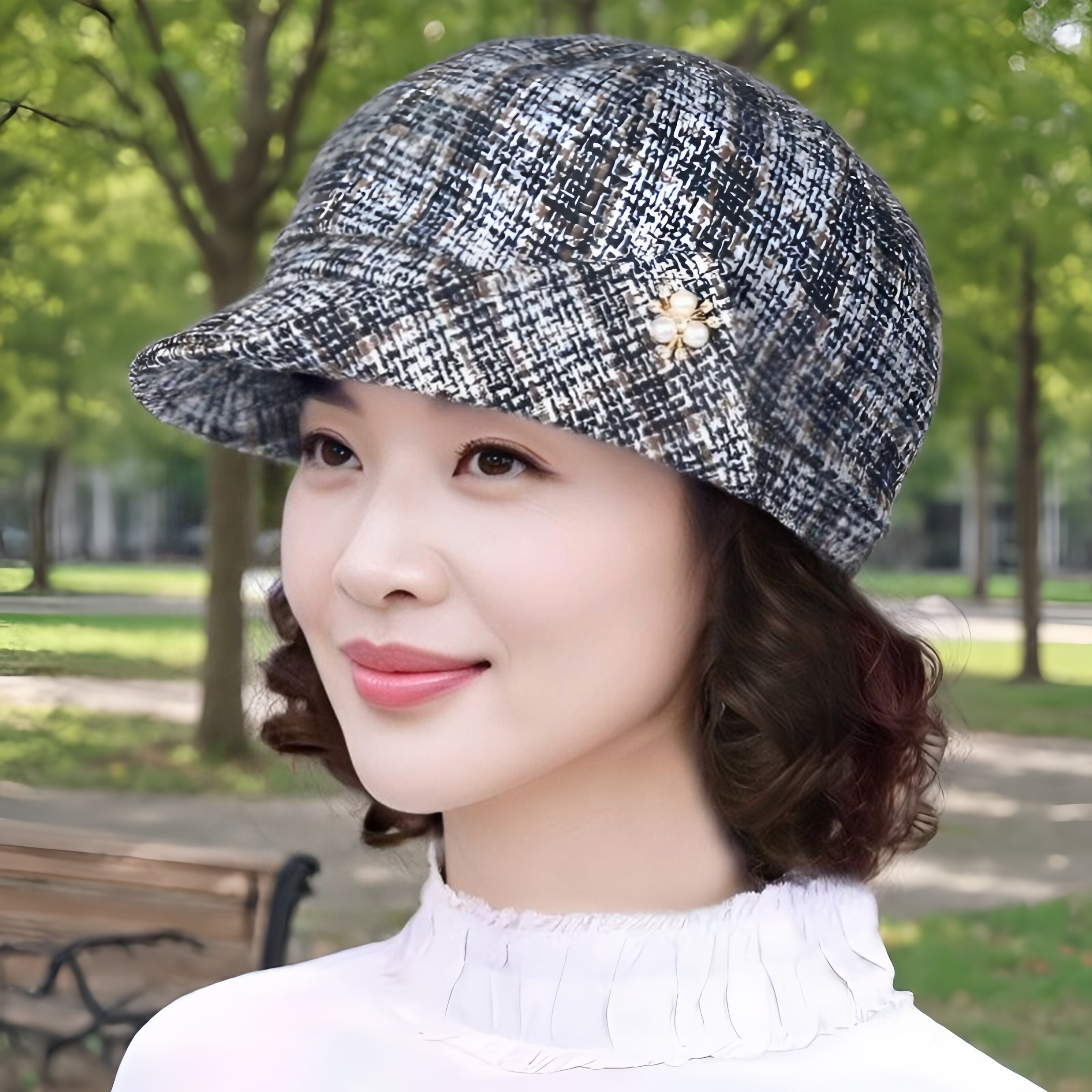 中老年女帽春秋复古格子帽 咖米格韵短檐前进帽妈妈洋气气质礼帽
