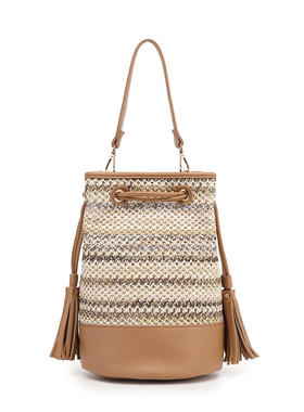 日本潮女包拉菲草编织草编抽绳单肩包手提斜挎包水桶沙滩度假006