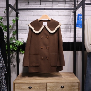 紫淑2025冬新款娃娃领木耳边撞色毛呢大衣Z1AA24247专柜