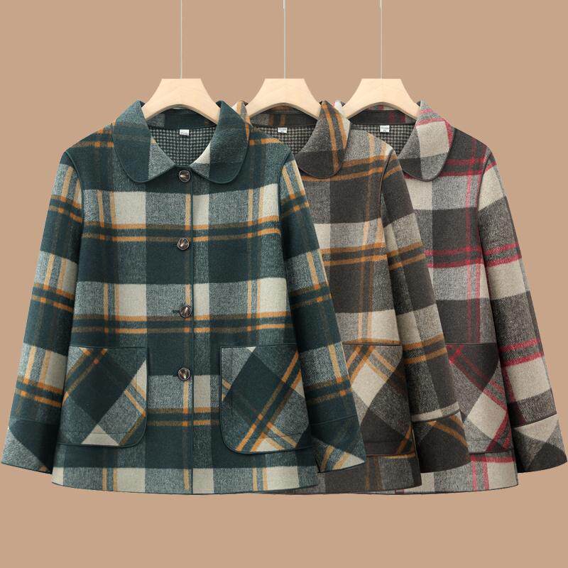 加厚格子春秋百搭开衫纽扣中老年双面穿翻领妈妈装羊毛呢子常规款