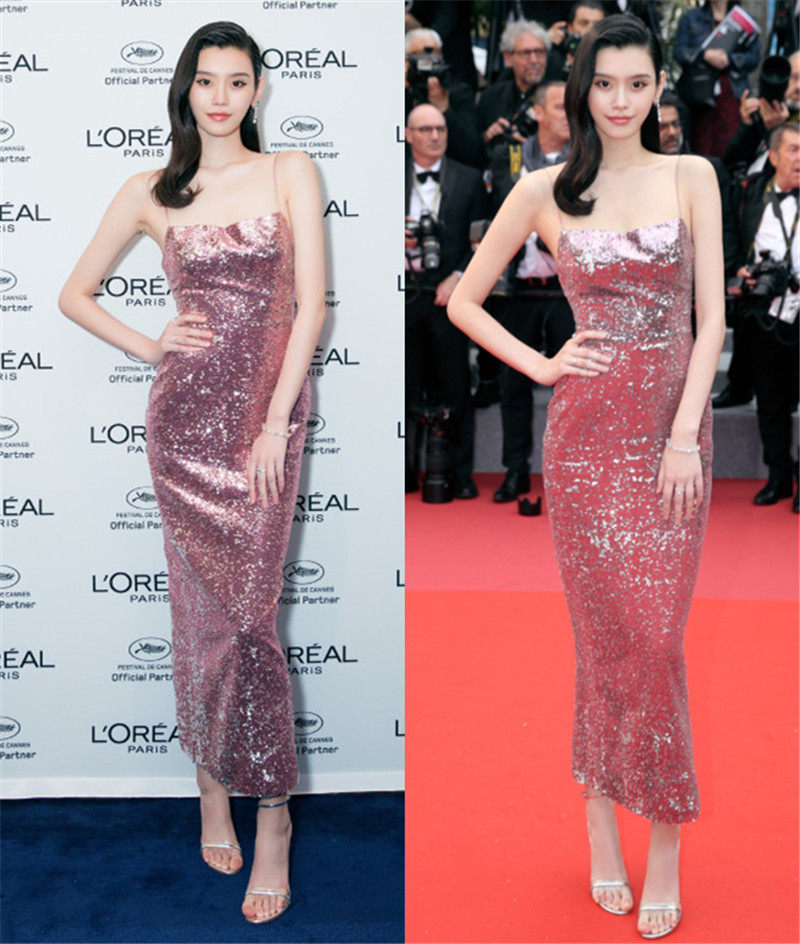 明星奚梦瑶同款露背衩粉色亮片 吊带连衣裙 新品 连衣裙 晚礼服夏