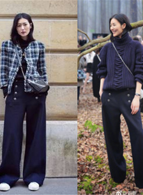 大表姐刘雯同款藏蓝色毛料女裤2025春秋宽松休闲阔腿裤直筒长裤子