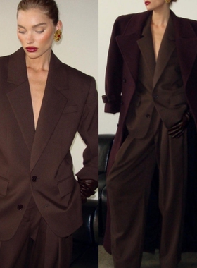 Elsa Hosk同款咖啡色休闲西装套装女2025新款新品西装女裤欧洲站