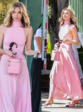 Elsa Hosk同款粉色无袖收腰长款大摆连衣裙2025新款女夏季欧洲站
