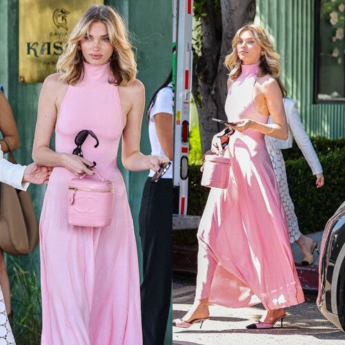 Elsa Hosk同款粉色无袖收腰长款大摆连衣裙2026新款女夏季欧洲站