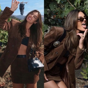 套装 Tezza 加一步裙时尚 咖啡色灯芯绒双排扣休闲西装 女 Barton同款