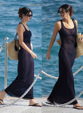 Kendall肯豆同款黑色背心露背海边沙滩裙网纱沙滩裙2025新品爆款