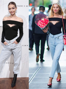 Gigi Elsa Hosk同款黑色一字领性感露胸上衣新品t恤女长袖欧美风T