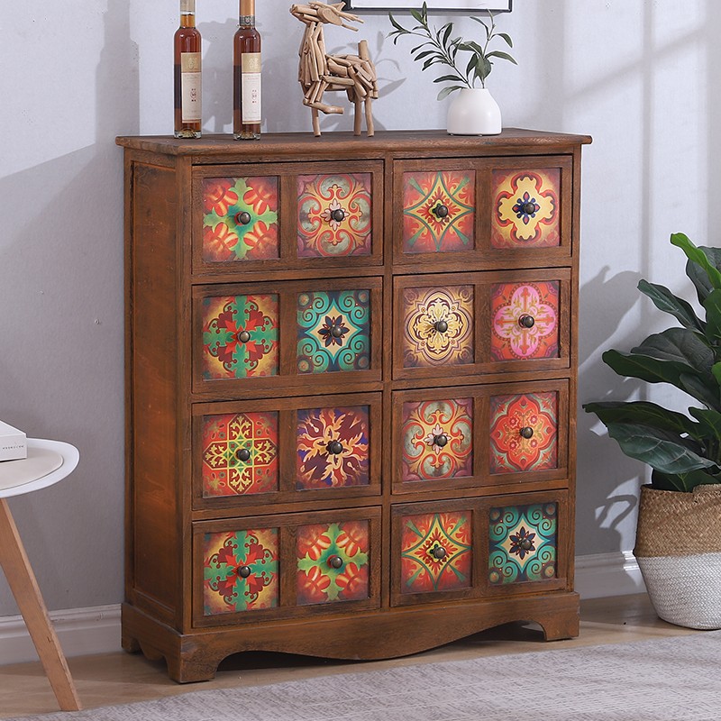 彩绘实木斗柜卧室收纳柜美式客厅木制复古储物柜夹缝抽屉式整理柜