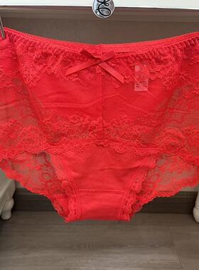 速发EBLIN时尚蝴蝶结本命年红色蕾丝诱惑高腰收腹修身舒适平角裤