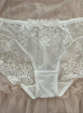 速发EBLIN时尚蝴蝶结象牙白精美透气全蕾丝超性感修身女士平角裤