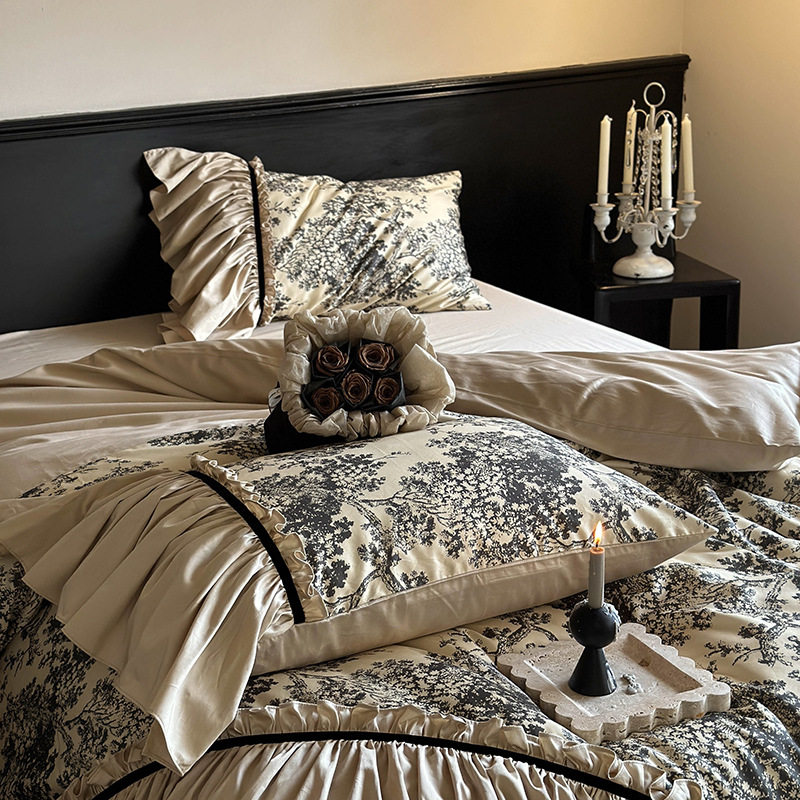 法式全棉贡缎床单四件套纯棉被套罩印花复古风花边高级感床上用品