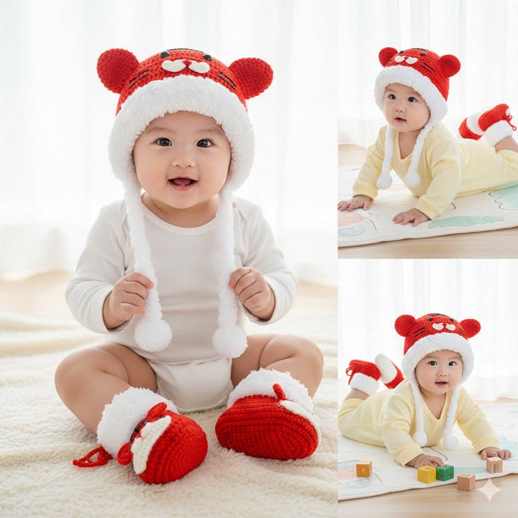 手工婴儿鞋子虎头鞋虎头帽宝宝毛线钩针编织diy材料包教程送礼物